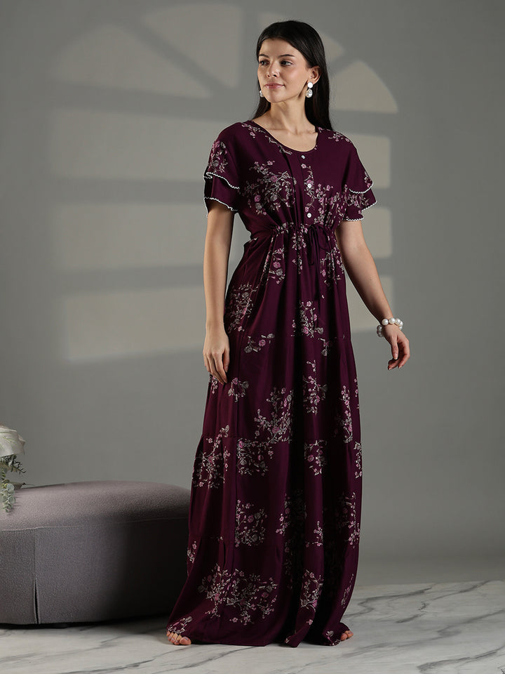 Comfortable floral frock type nighty for women in wine.