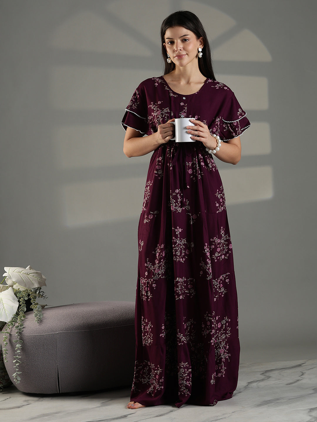 Comfortable floral frock type nighty for women in wine.