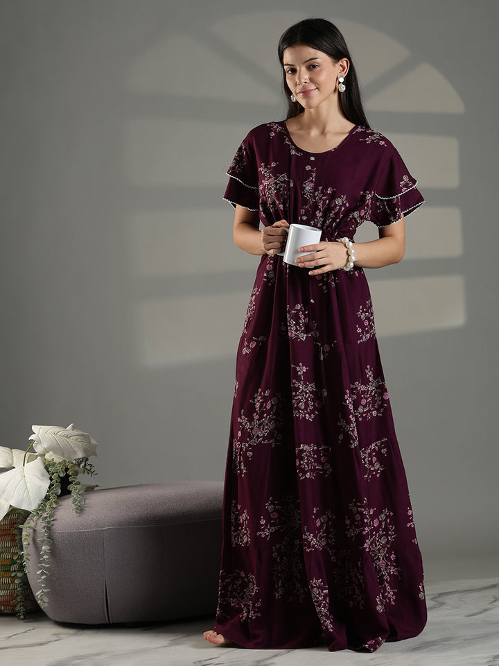 Comfortable floral frock type nighty for women in wine.