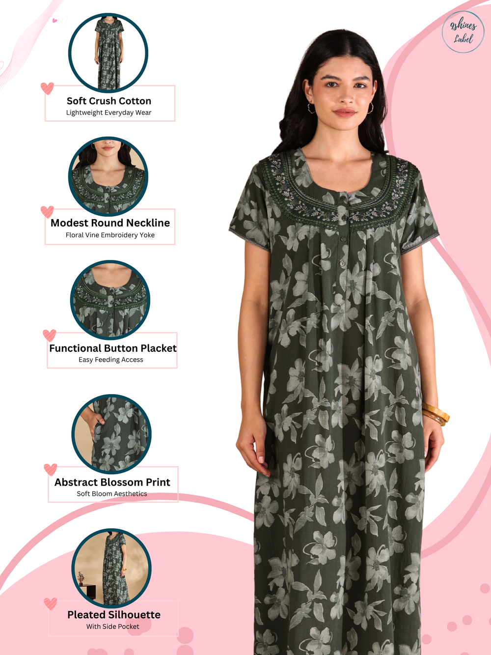Blossom green crush cotton designer nighty for women.