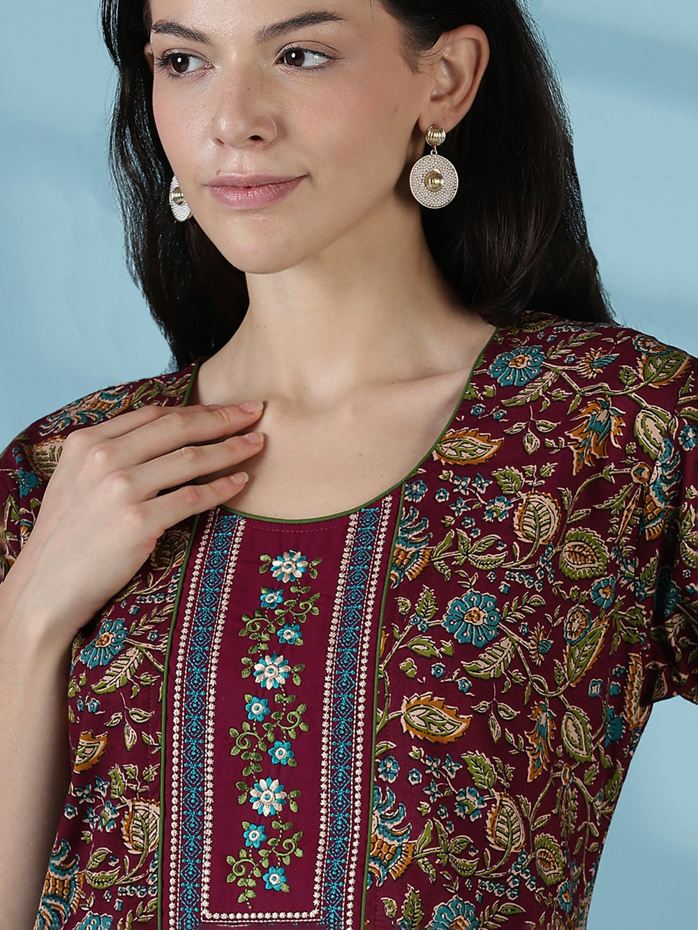 Wine floral printed soft cotton night dress for women