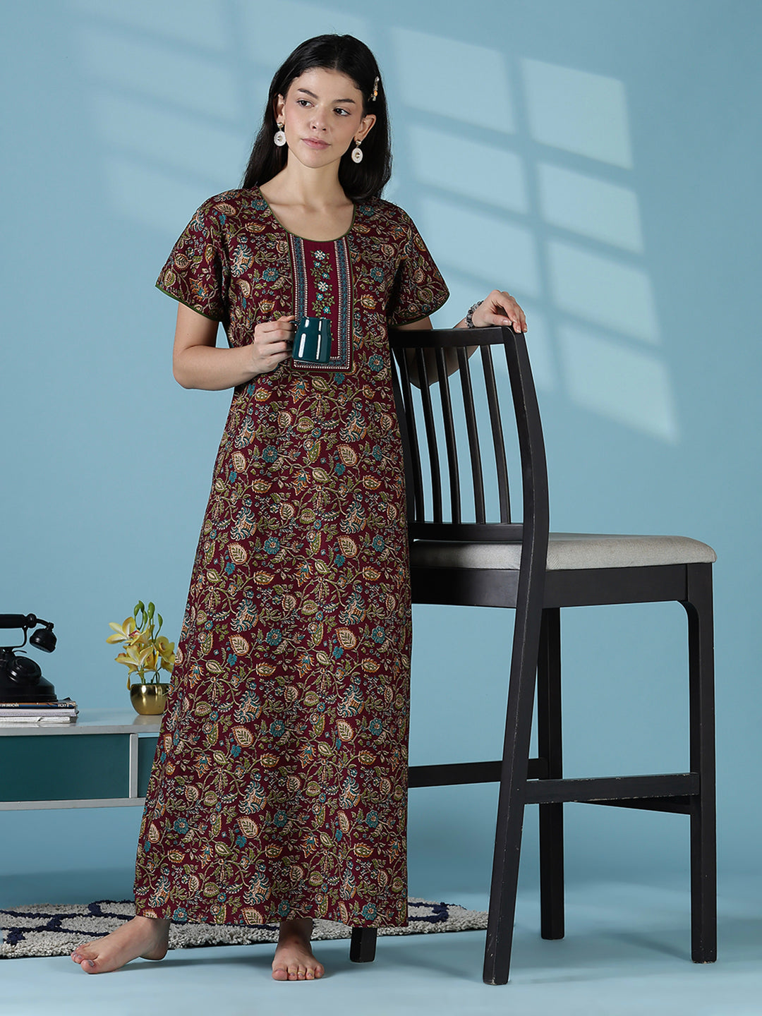 Wine floral printed soft cotton night dress for women
