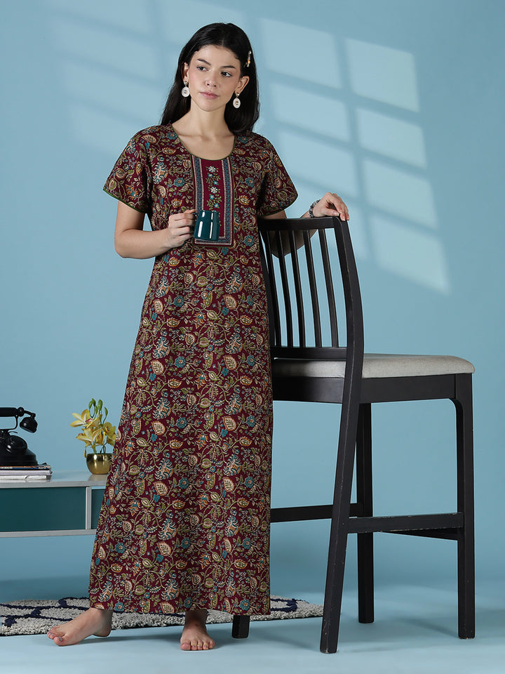 Wine floral printed soft cotton night dress for women