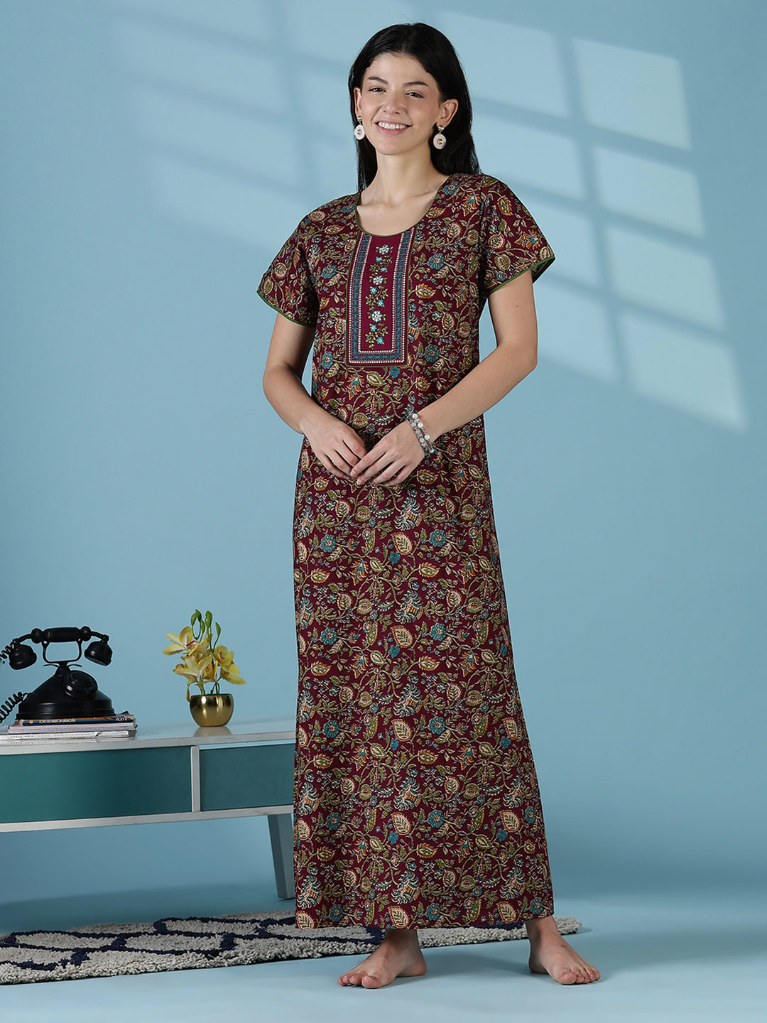Wine floral printed soft cotton night dress for women