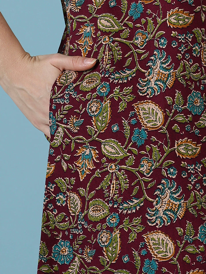 Wine floral printed soft cotton night dress for women