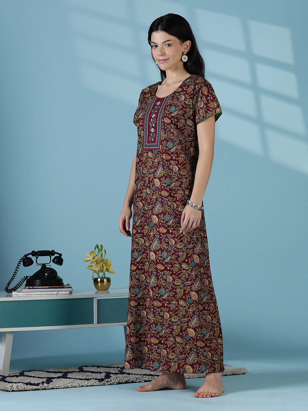 Wine floral printed soft cotton night dress for women