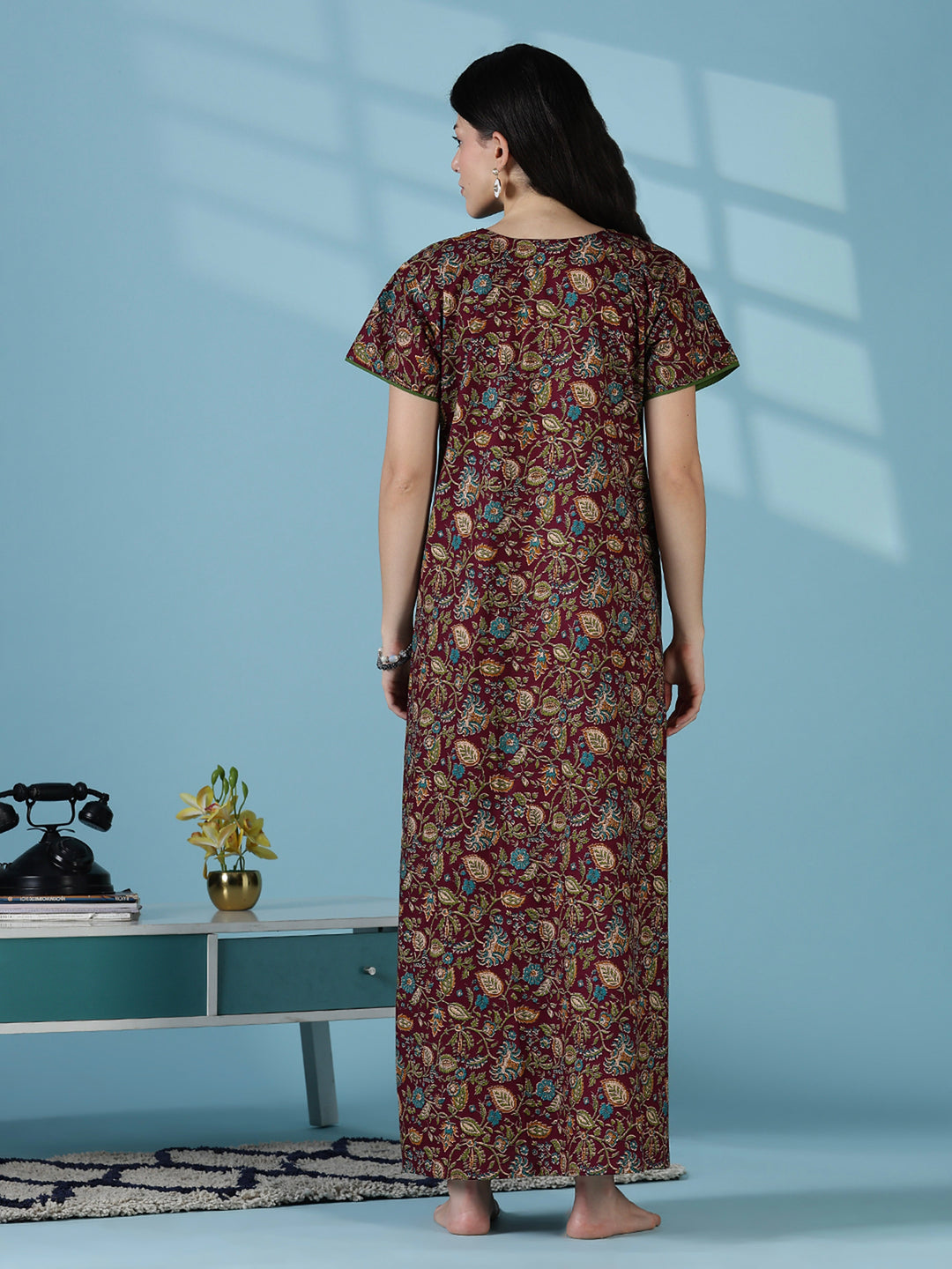Wine floral printed soft cotton night dress for women