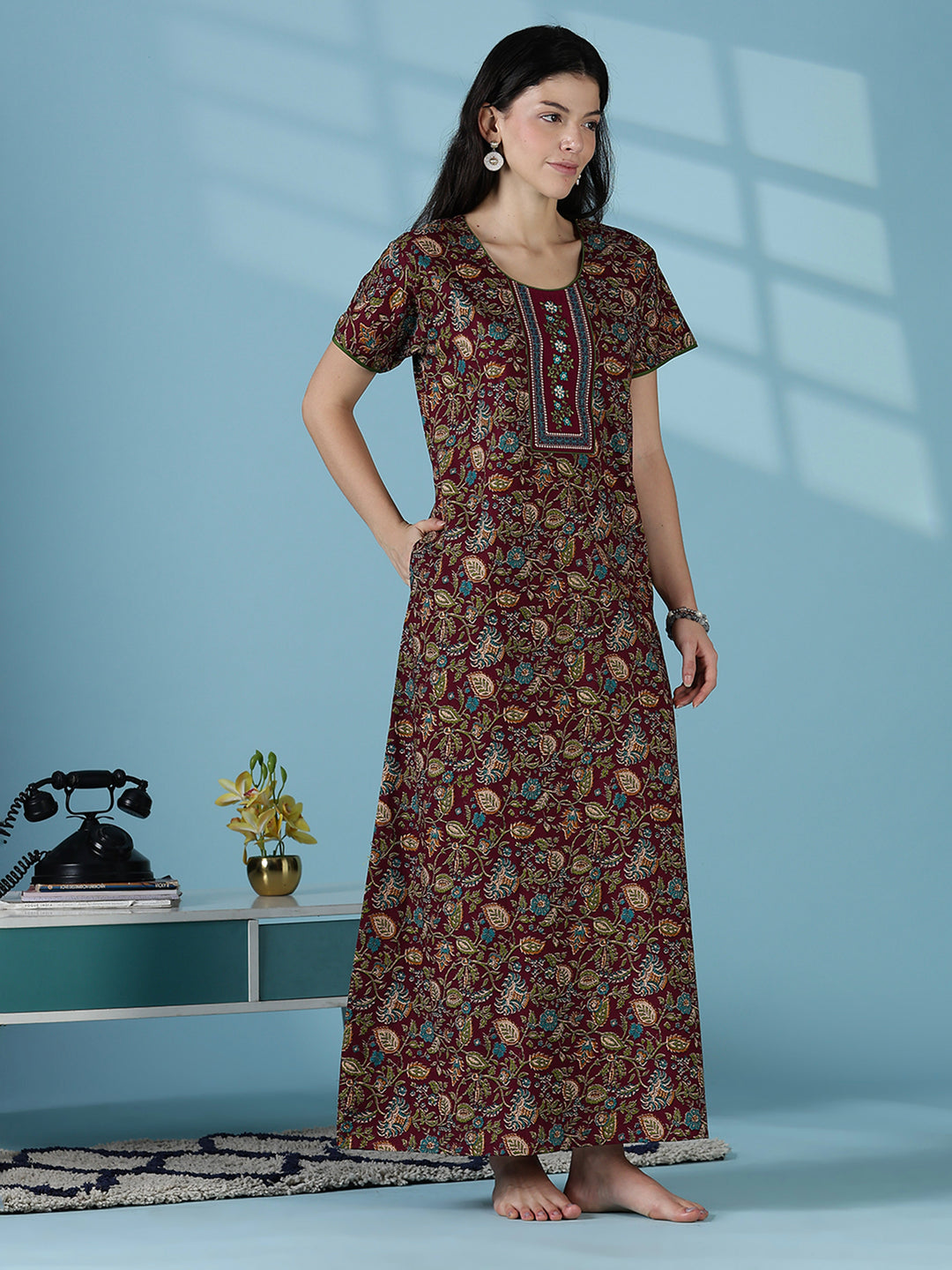 Wine floral printed soft cotton night dress for women