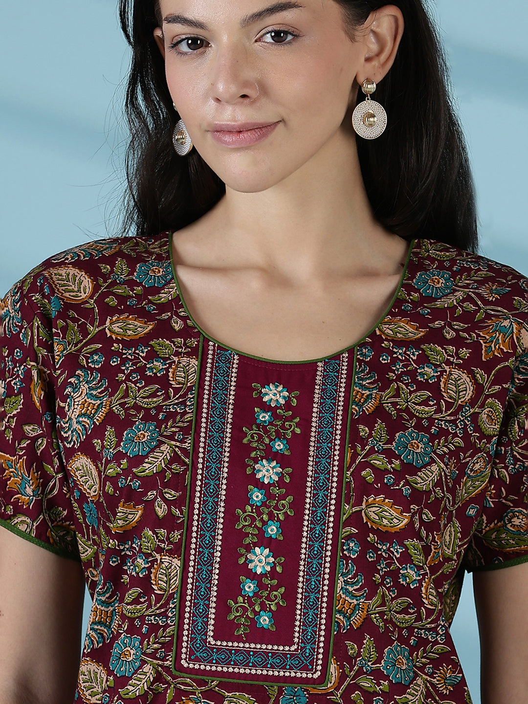 Wine floral printed soft cotton night dress for women