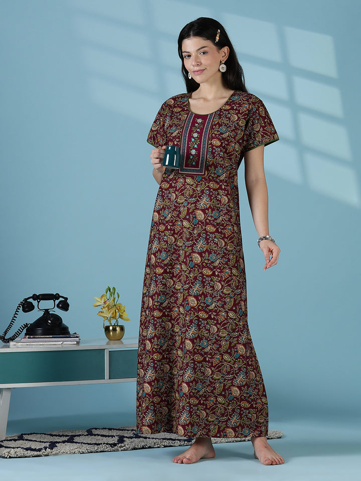 Wine floral printed soft cotton night dress for women