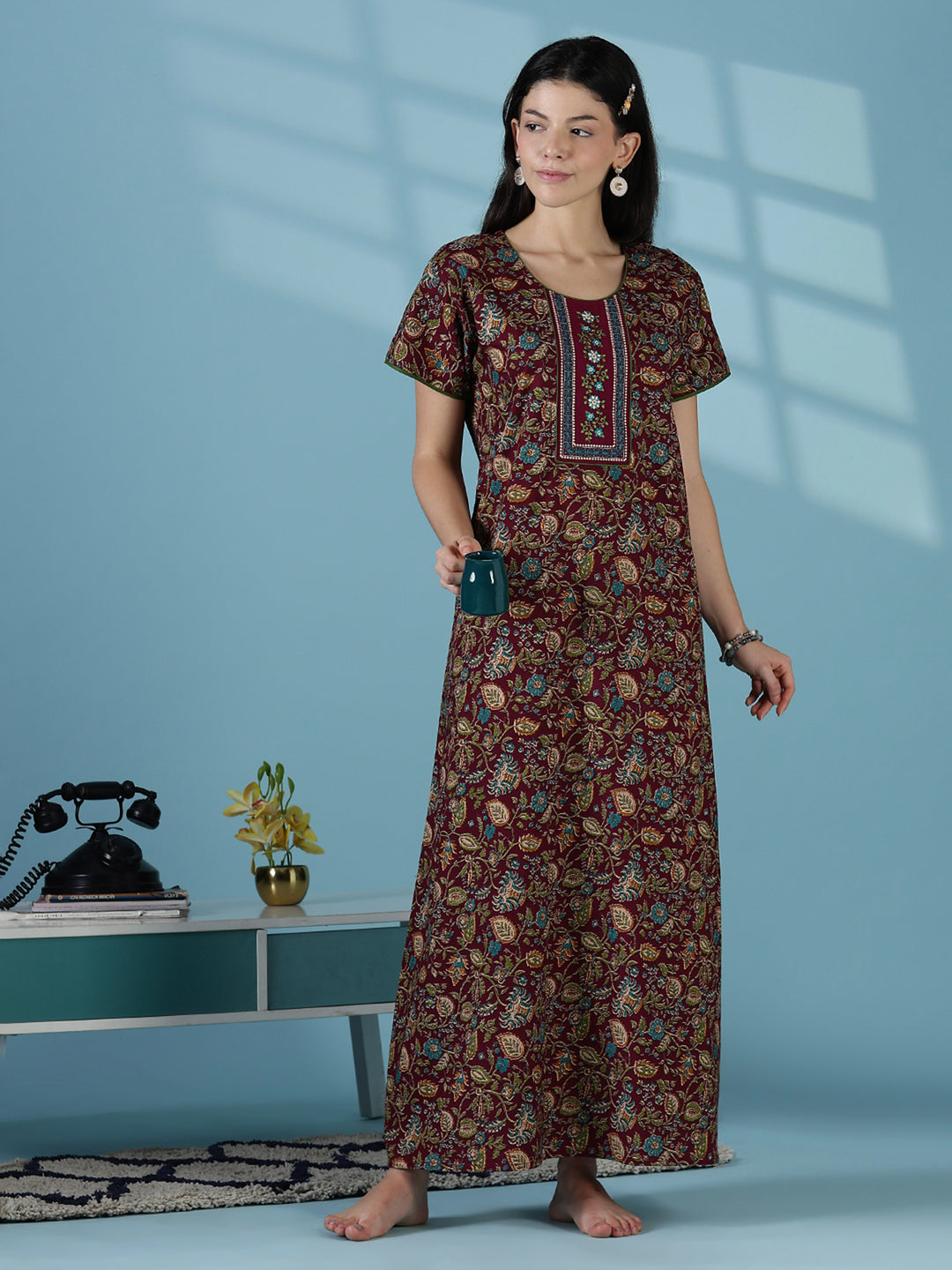 Wine floral printed soft cotton night dress for women