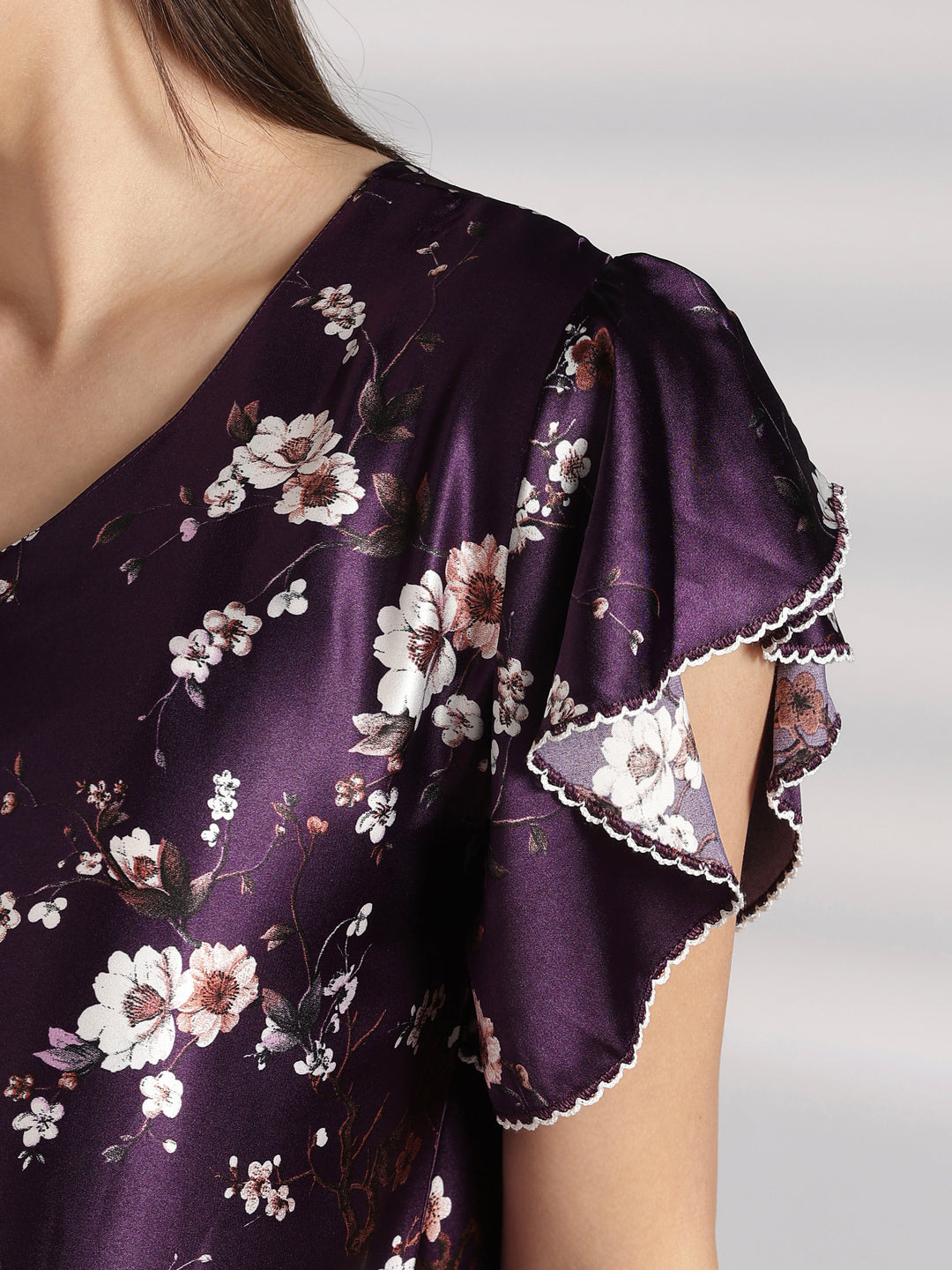 Floral satin nighty with ruffle sleeves online