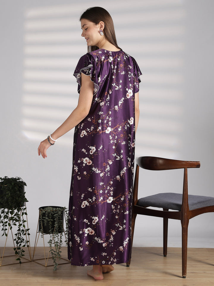 Floral satin nighty with ruffle sleeves online