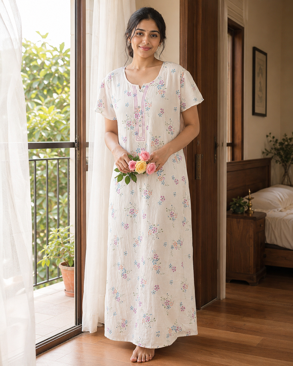 Peach floral night gown for women with an elegant and lightweight design