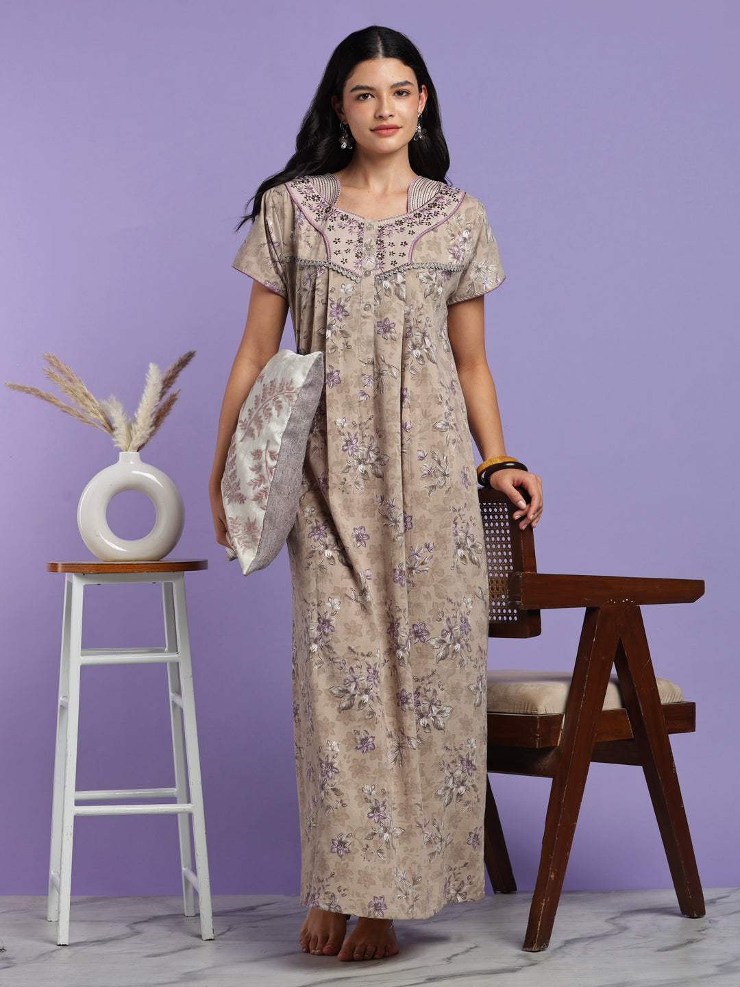 Vintage taupe cotton crush floral nightydress for women