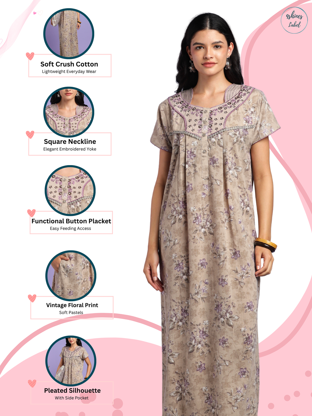 Vintage taupe cotton crush floral nightydress for women