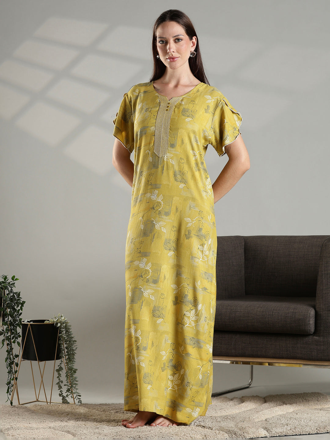 Mustard floral comfortable A-line nighty dress for women.