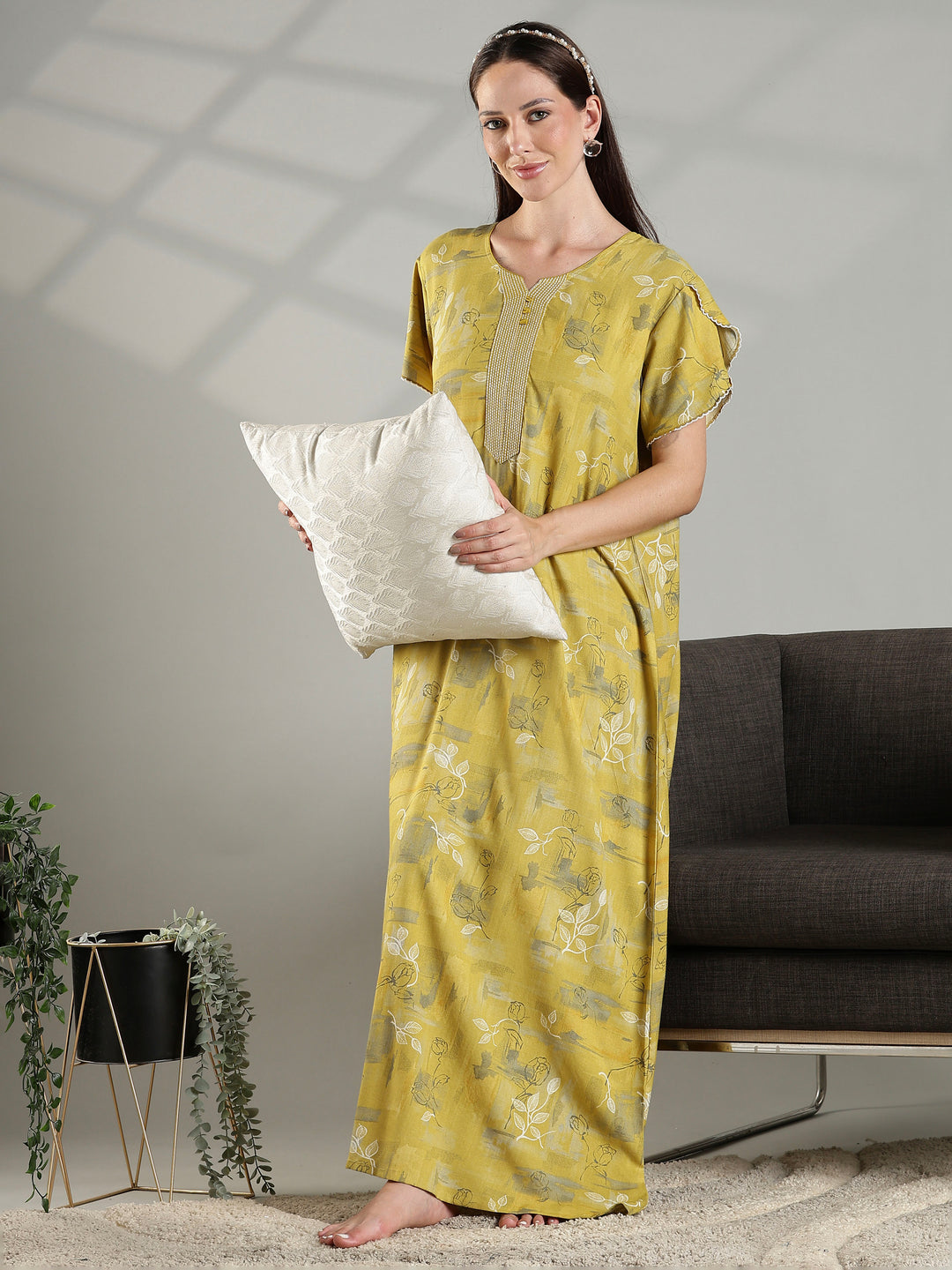 Mustard floral comfortable A-line nighty dress for women.