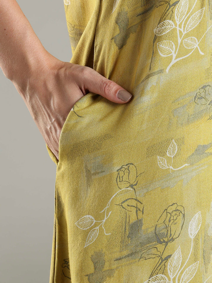 Mustard floral comfortable A-line nighty dress for women.