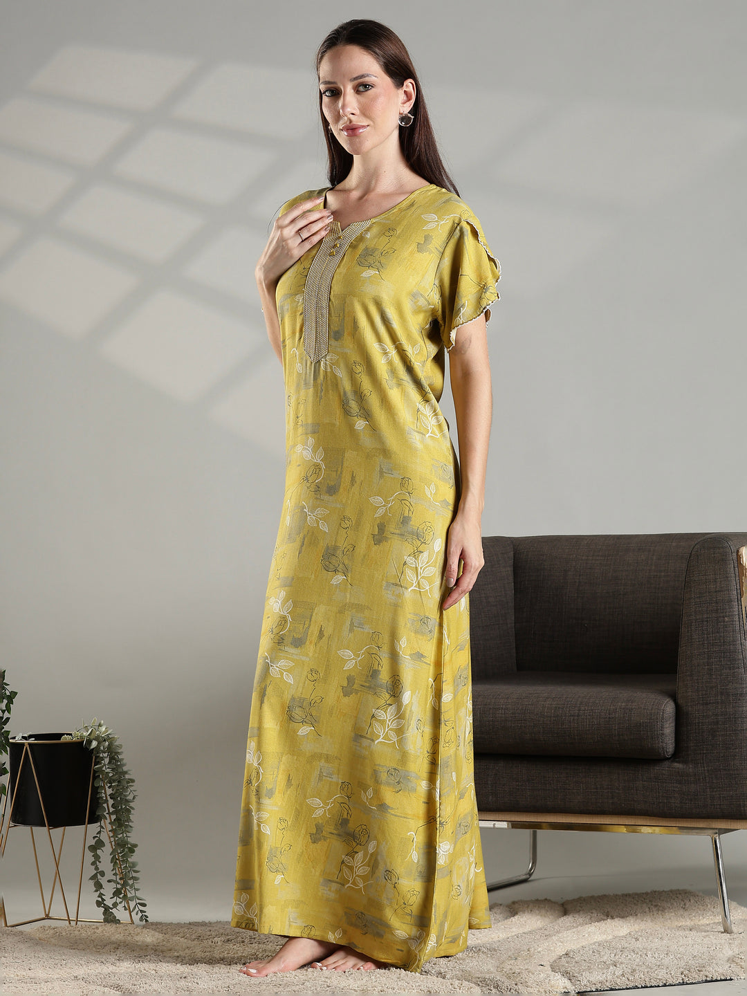 Mustard floral comfortable A-line nighty dress for women.