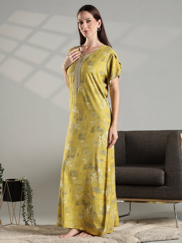 Mustard floral comfortable A-line nighty dress for women.
