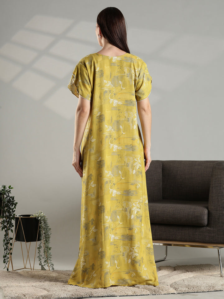 Mustard floral comfortable A-line nighty dress for women.