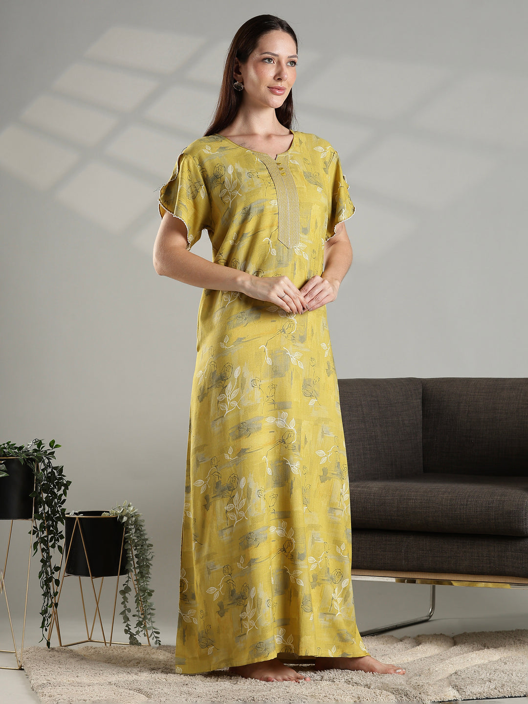 Mustard floral comfortable A-line nighty dress for women.