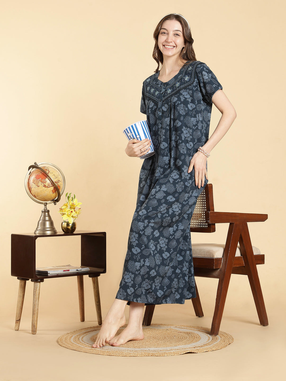 Crush cotton floral teal best nighty for women in summer