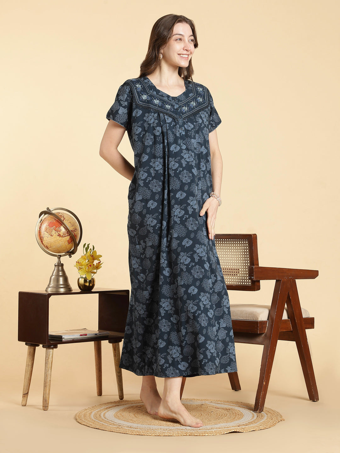 Crush cotton floral teal best nighty for women in summer