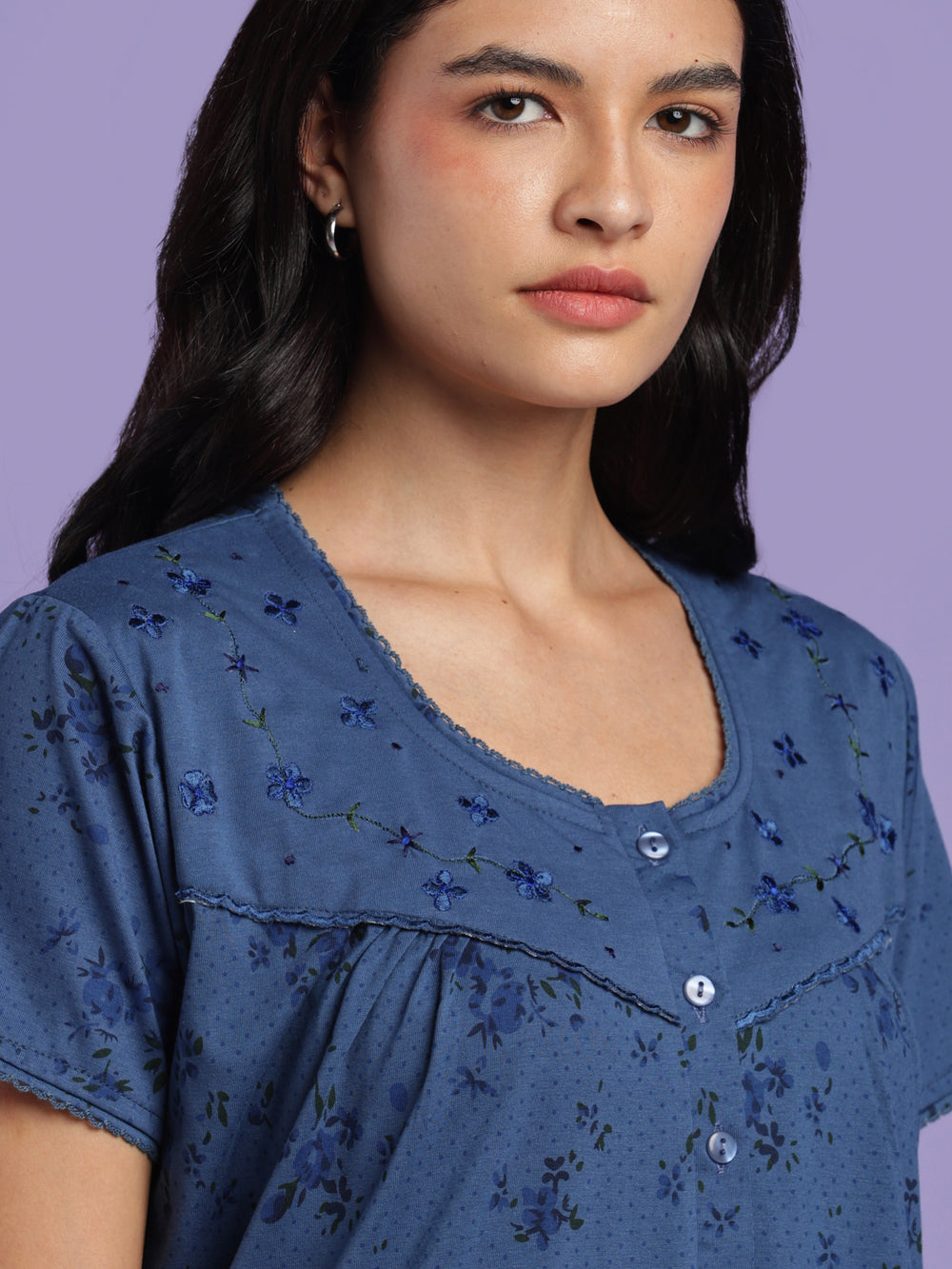Indigo floral cotton blend nightydress for women online