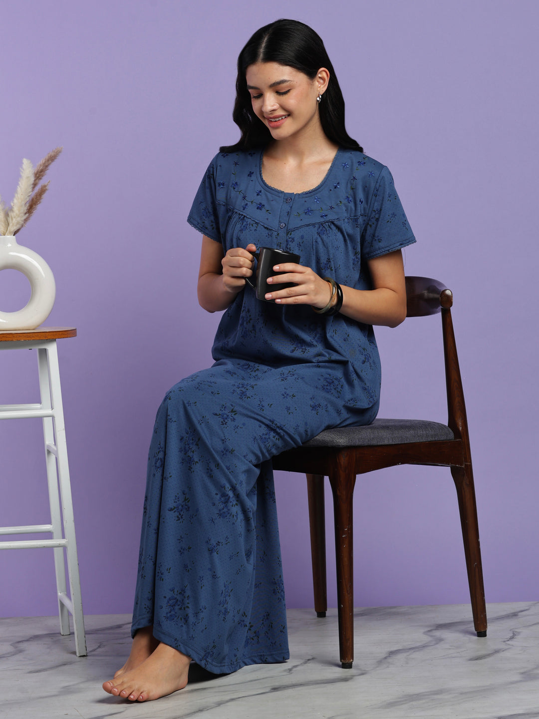 Indigo floral cotton blend nightydress for women online