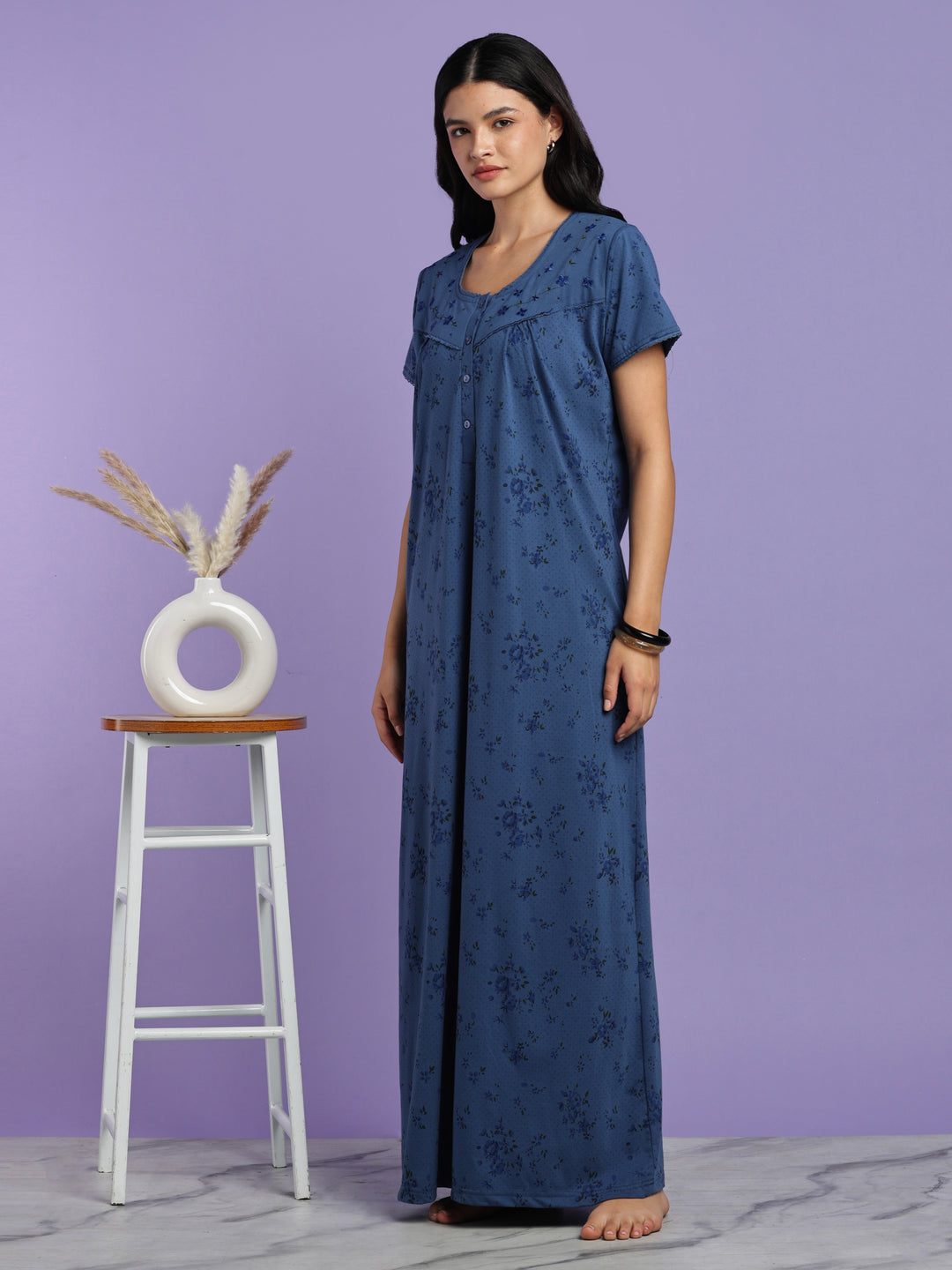 Indigo floral cotton blend nightydress for women online