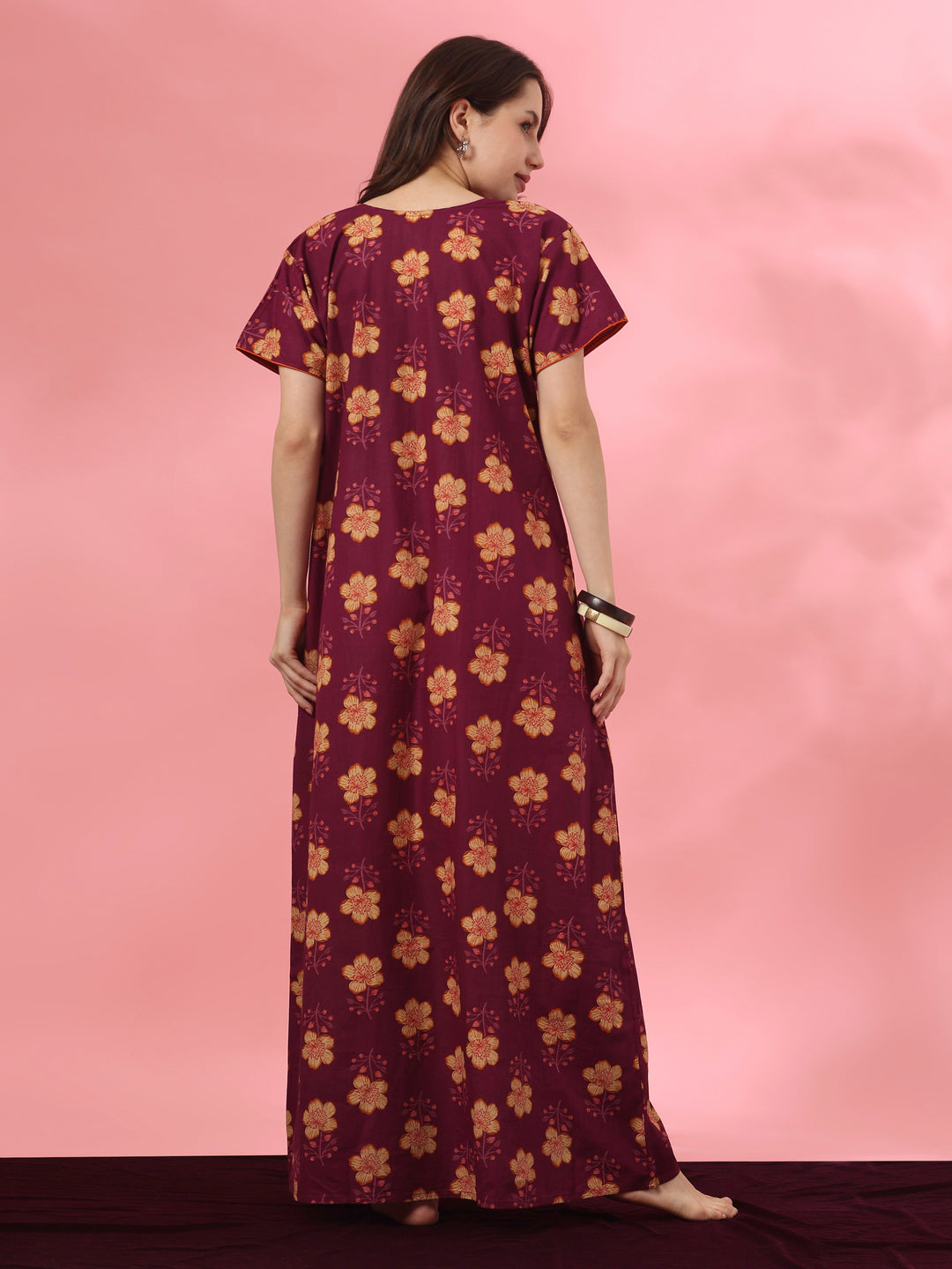 Pure cotton floral night dress for women in mahek purple