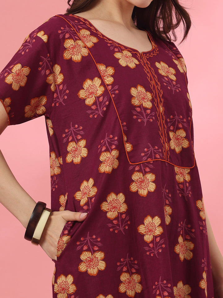 Pure cotton floral night dress for women in mahek purple