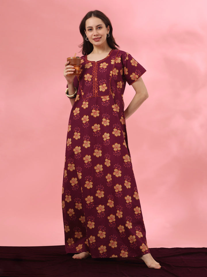 Pure cotton floral night dress for women in mahek purple