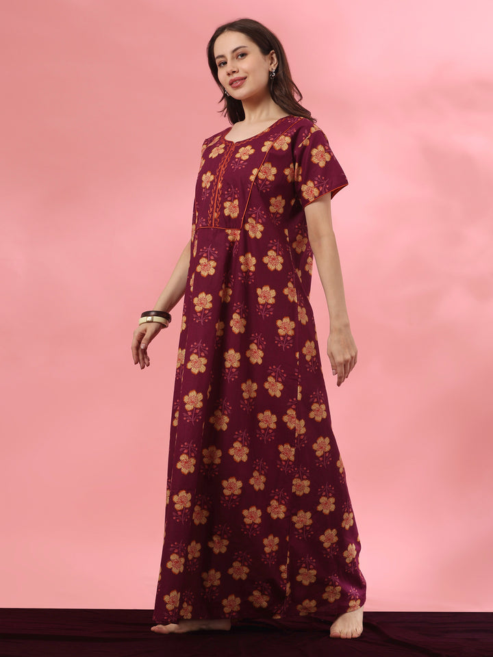 Pure cotton floral night dress for women in mahek purple