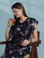 Floral Satin Nighty with Scalloped Ruffle Sleeves for Women