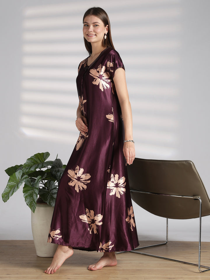 Floral satin nighty for women with front buttons online