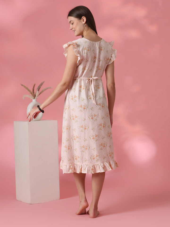Dreamy peach floral short nighty dress for women online