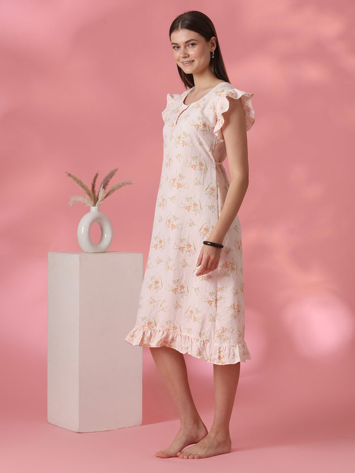 Dreamy peach floral short nighty dress for women online