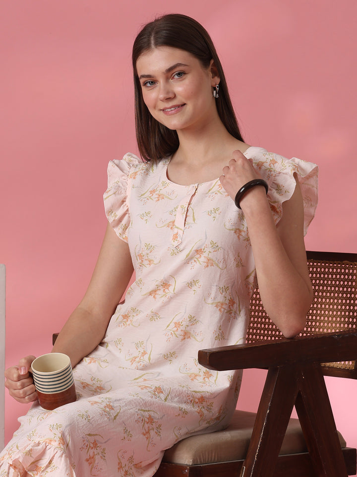 Dreamy peach floral short nighty dress for women online