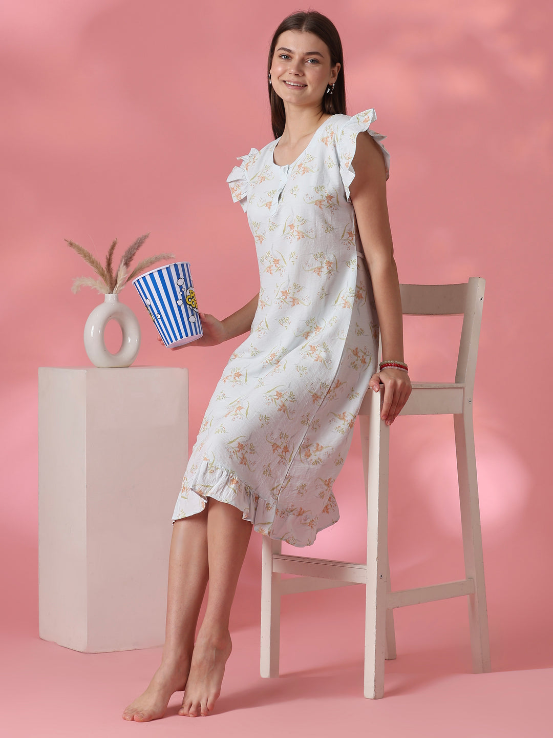 Dreamy blue floral crush cotton nighty dress for women