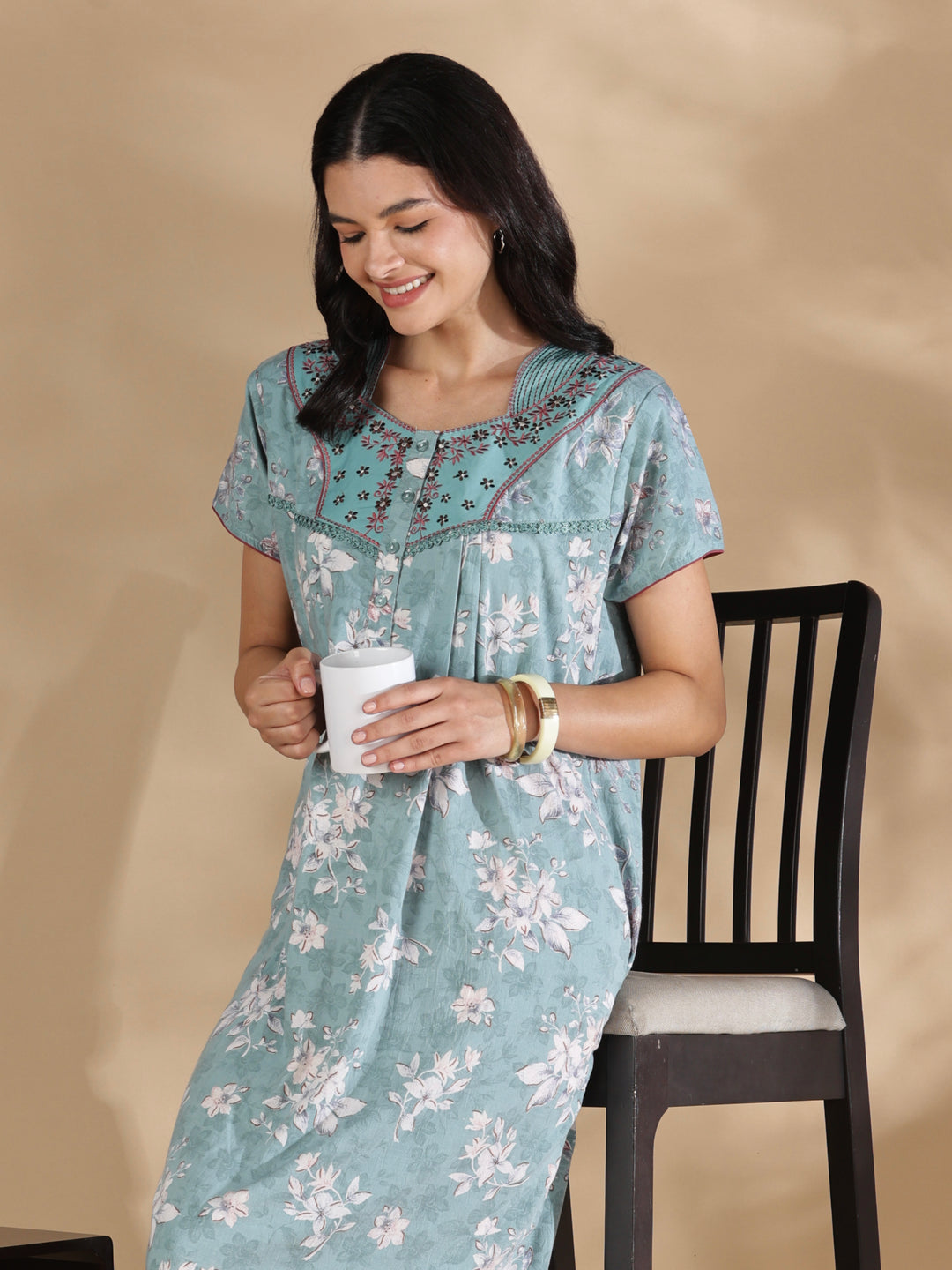 Vintage mint floral crush cotton nighty for women online