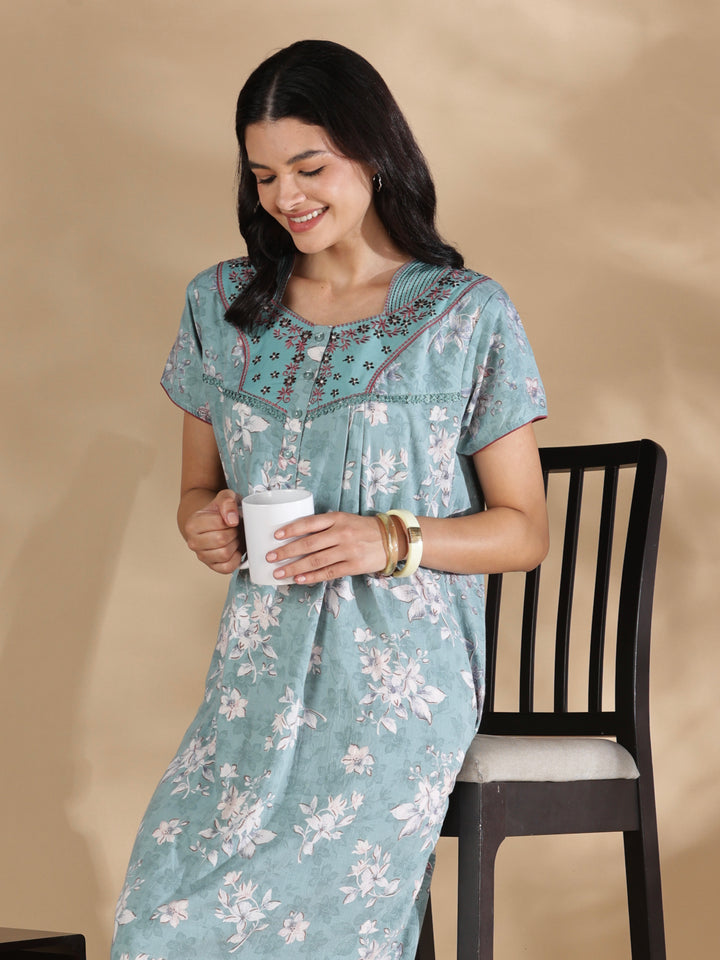 Vintage mint floral crush cotton nighty for women online