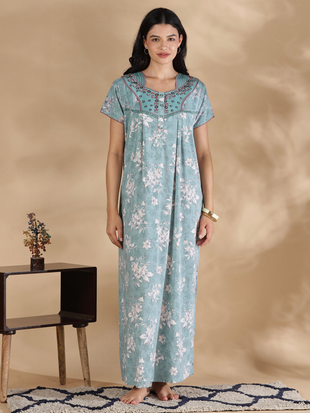 Vintage mint floral crush cotton nighty for women online