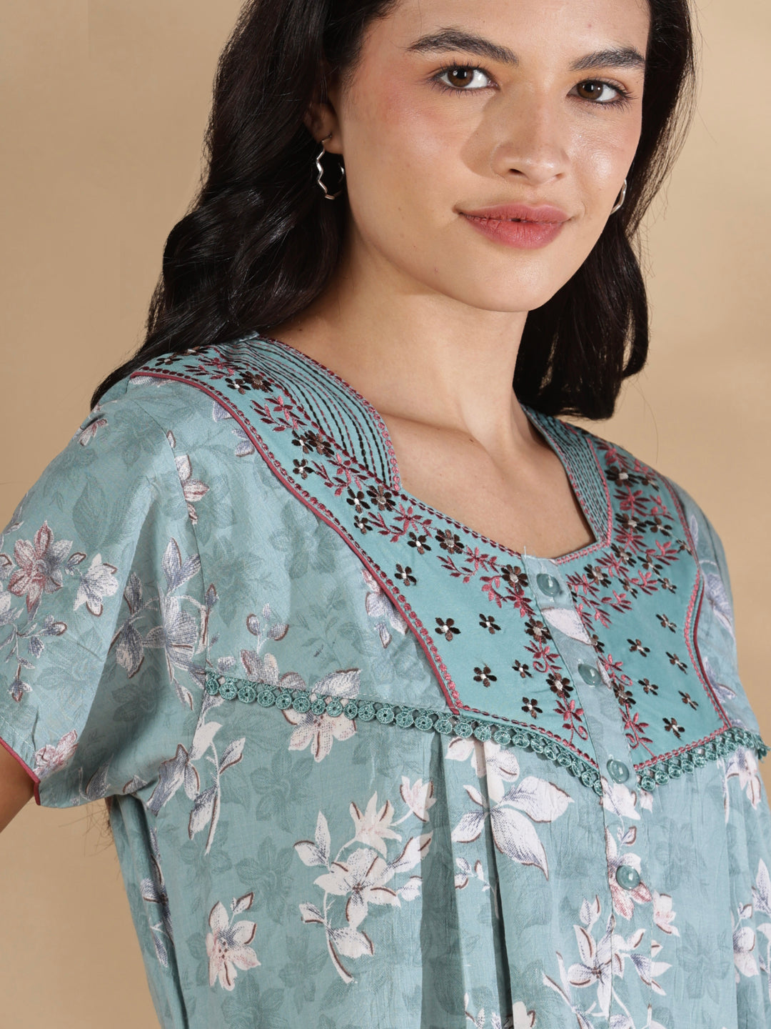 Vintage mint floral crush cotton nighty for women online