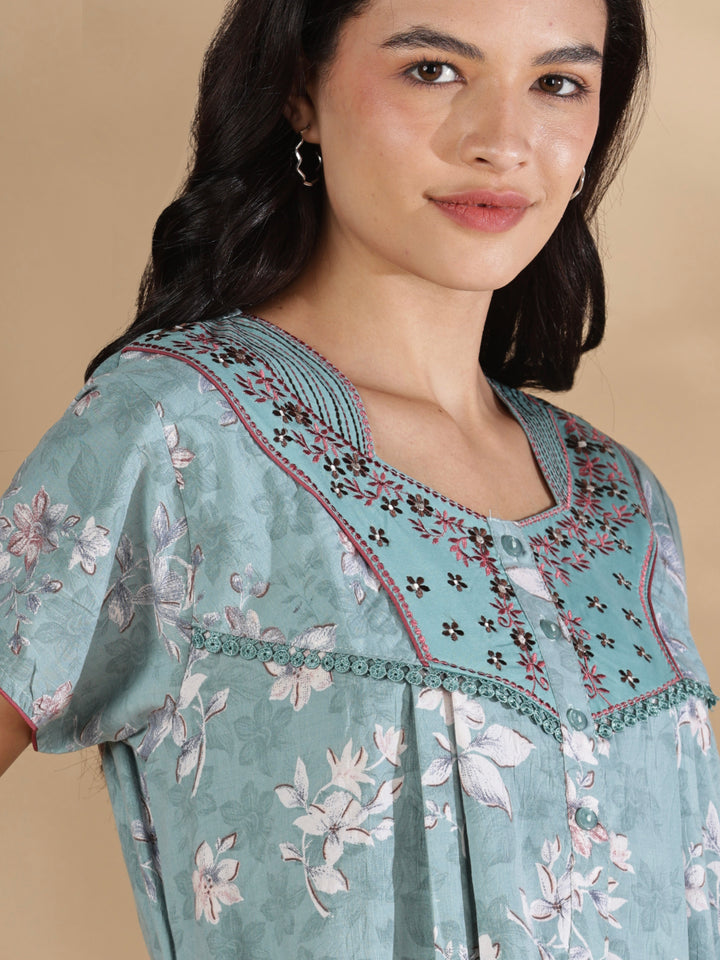 Vintage mint floral crush cotton nighty for women online