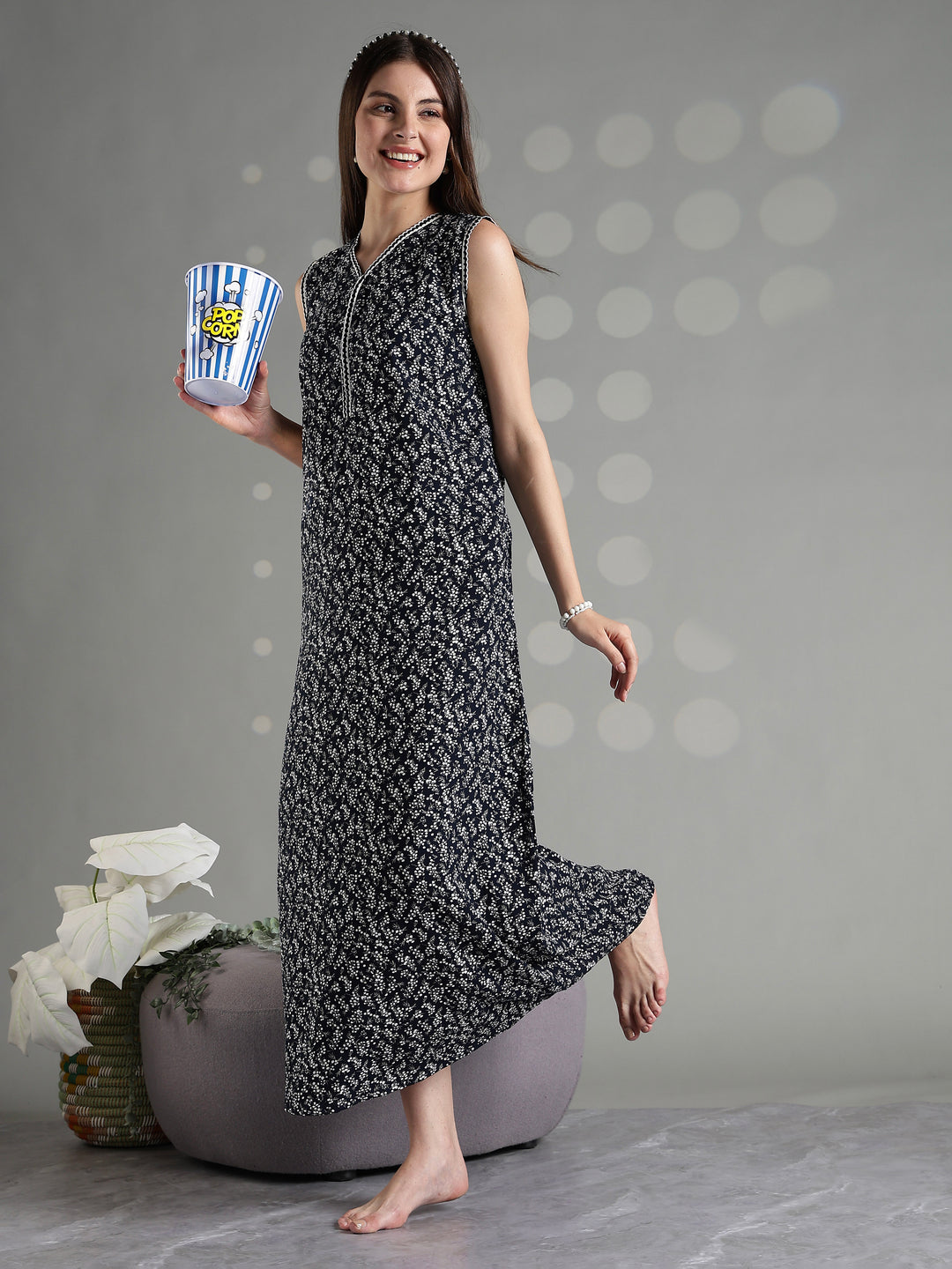Navy floral rayon branded sleeveless nightgown for women