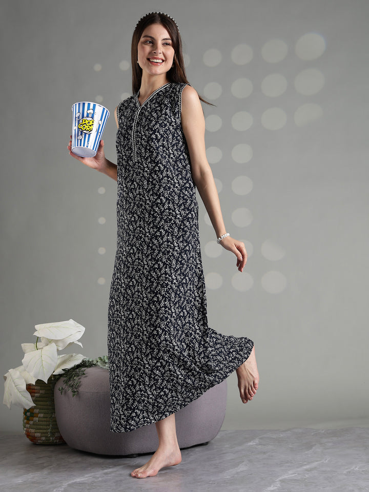 Navy floral rayon branded sleeveless nightgown for women