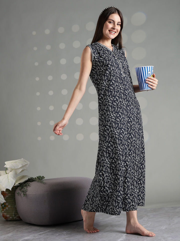Navy floral rayon branded sleeveless nightgown for women